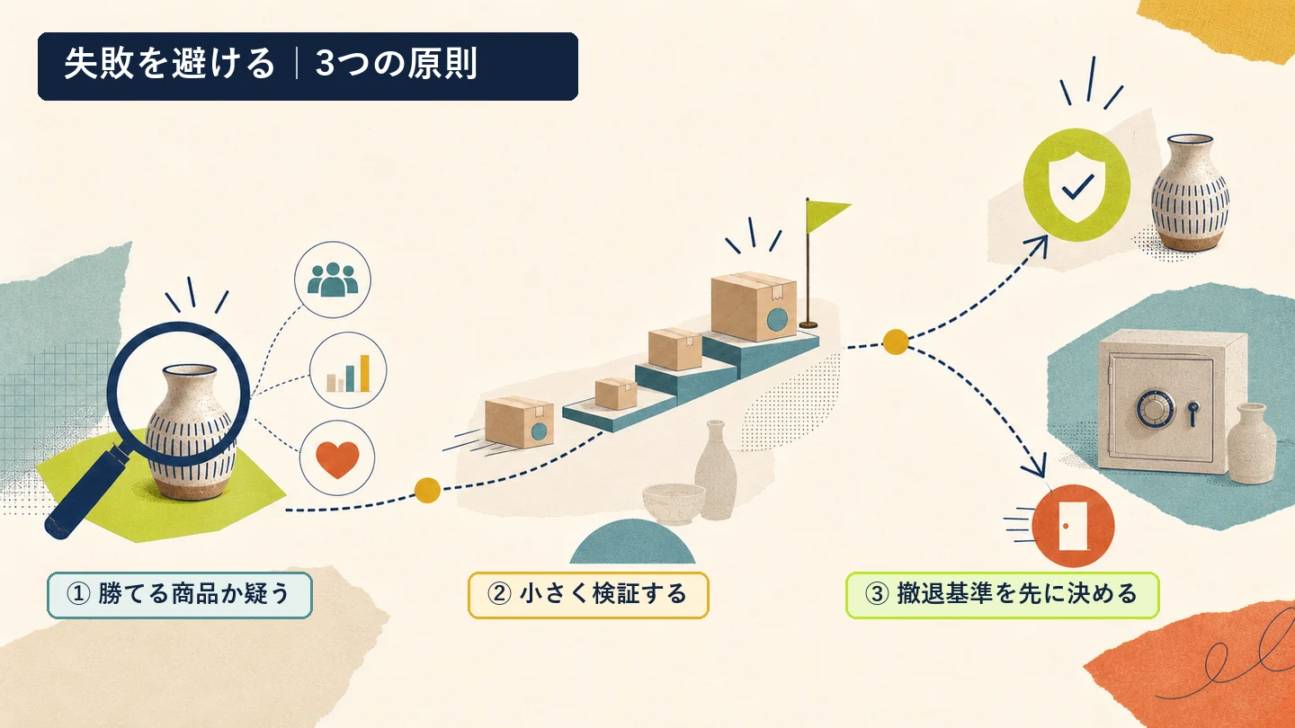 越境ECの失敗を避ける3つの原則を示す図解