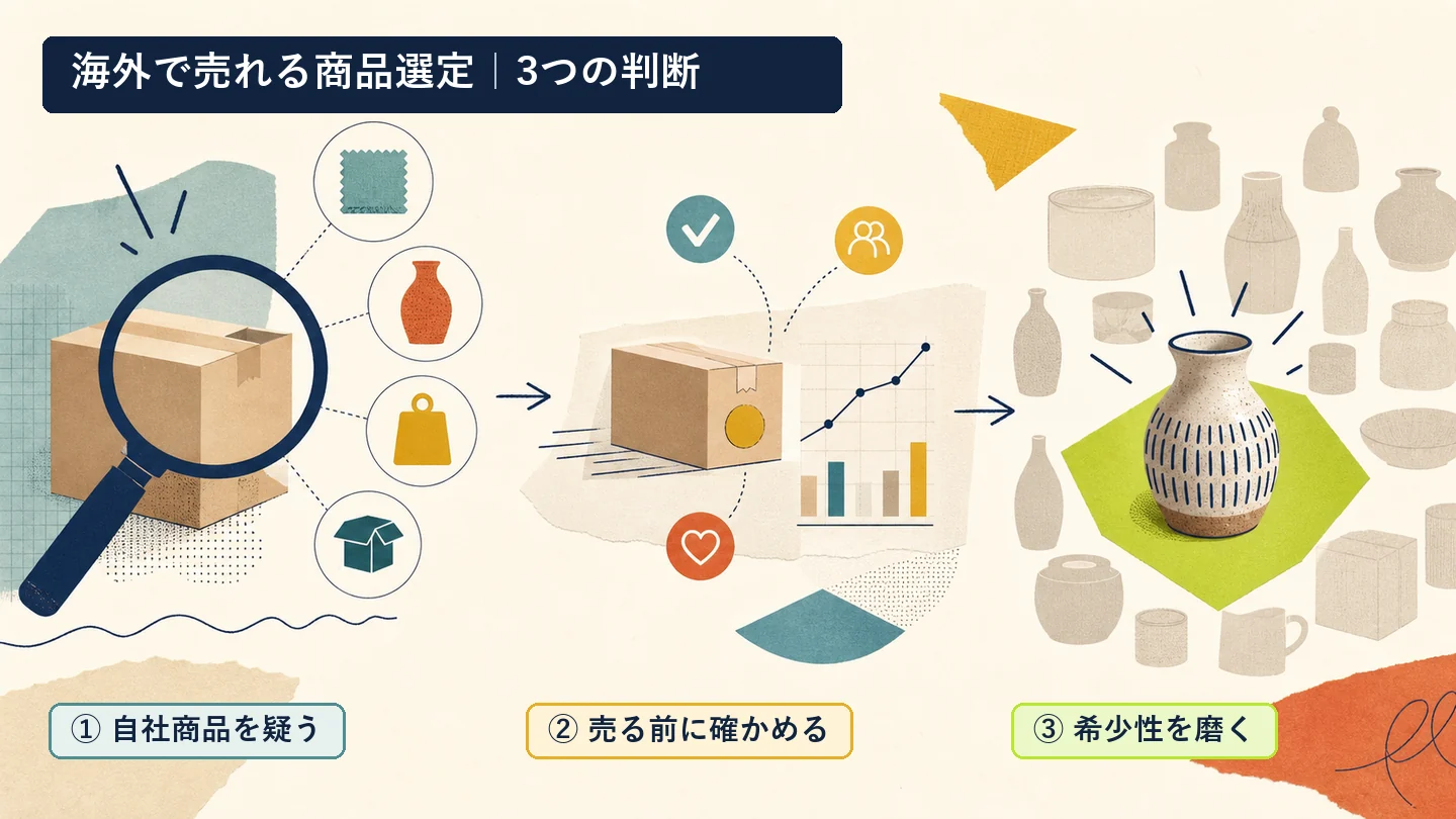 海外で売れる商品選定の3つの判断を示す図解